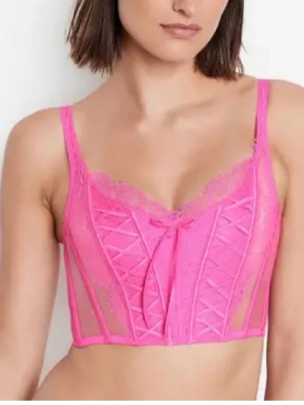 Victoria's Secret Dream Angels Neon Peony Pink Lace Corset Bra Top Size Small